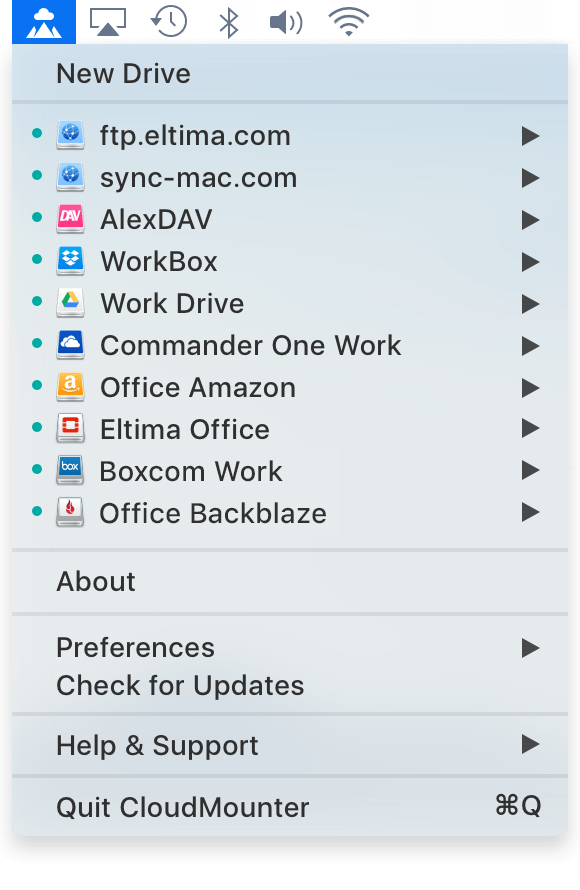 CloudMounter menu bar