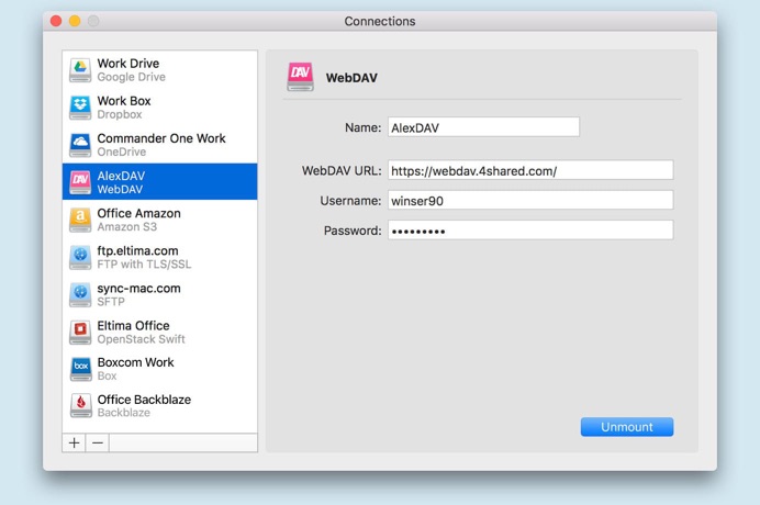 CloudMounter WevDAV connection window